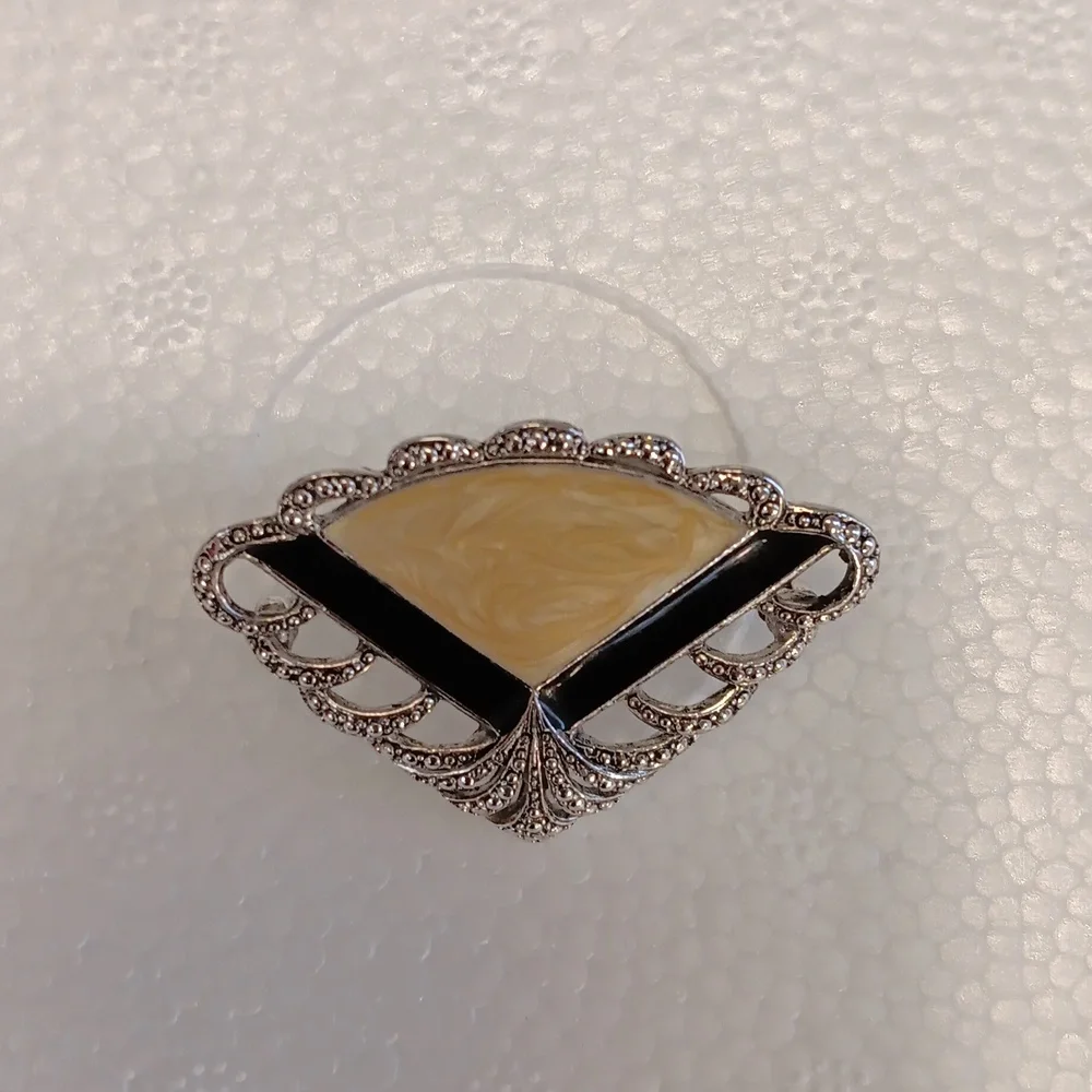 Vintage Avon Cream and Black Art Deco Filigree Fan- Shape Brooch Silver Tone